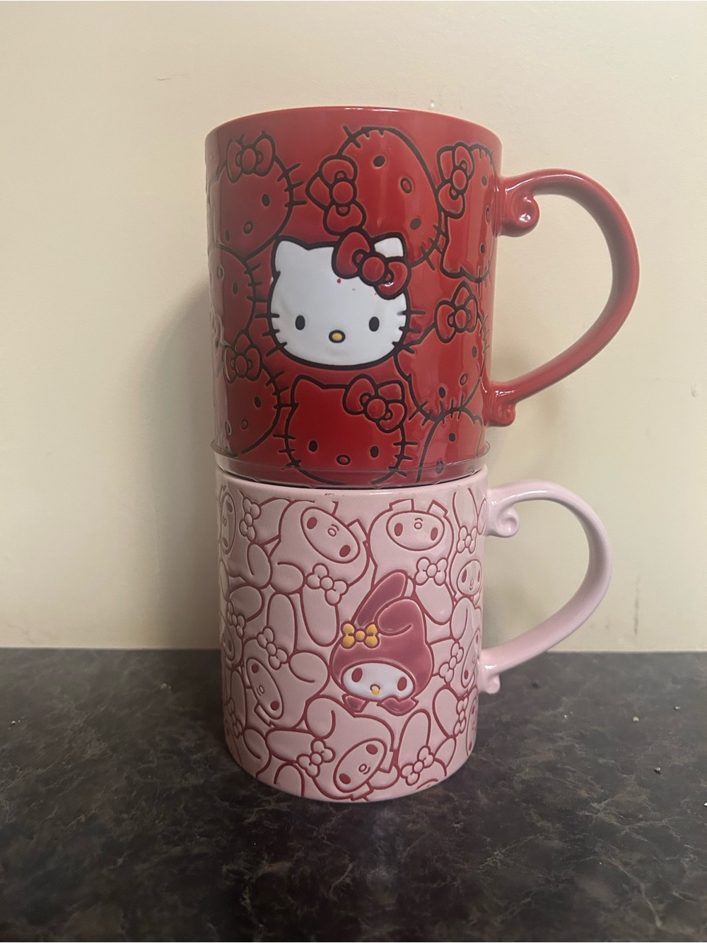 Hello Kitty Two-Tone Red and Pink Stacked Ceramic Mugs